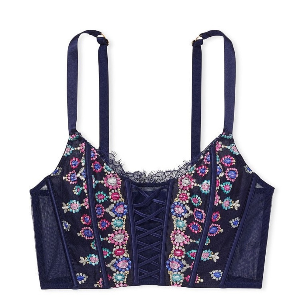NWT Victoria’s Secret Unlined Lace-Up Corset Top Noir Navy Bejeweled - Picture 2 of 8